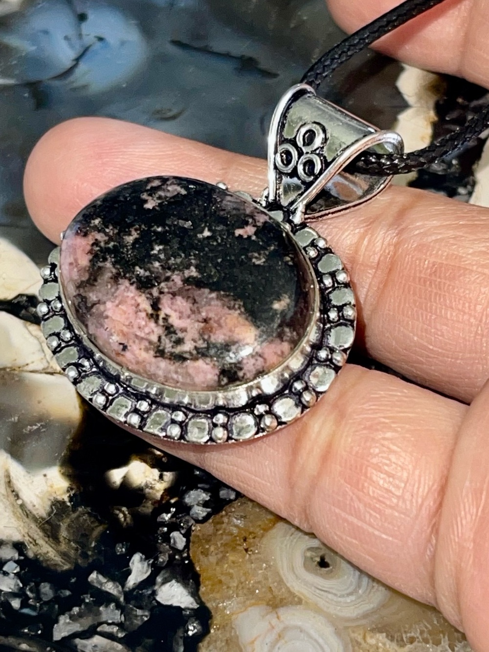 Dainty Dark Rhodonite Crystal Pendant 1 1/2”x 1 1/2”